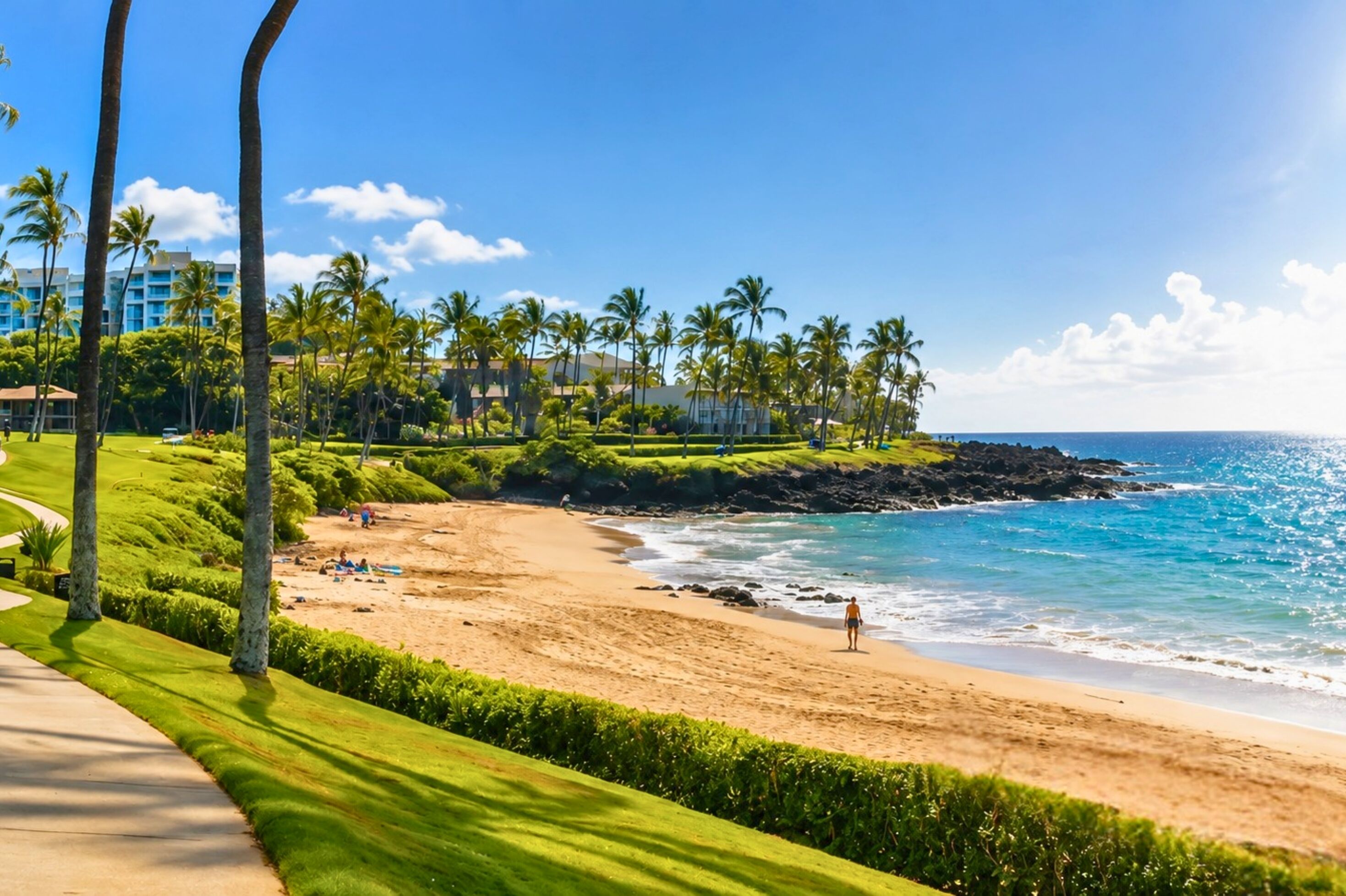 A beach with palm trees, a pathway, and a building in the background.
