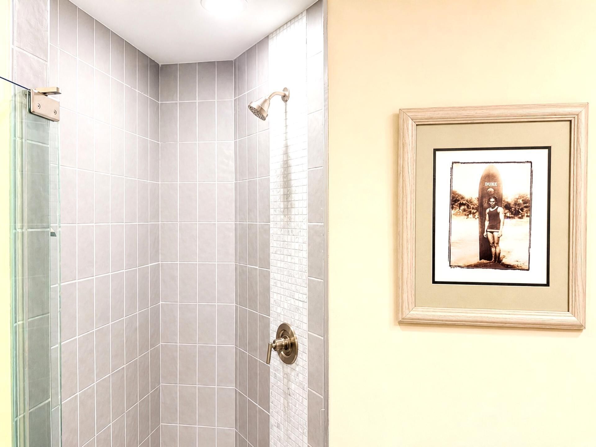 Ducha en esquina con azulejos grises, una foto en marco en la pared y una puerta con panel de vidrio.