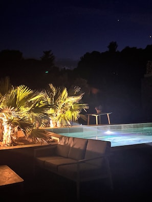Ein Poolbereich mit Liege und Palmen.