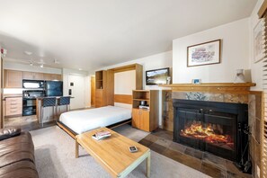 Ein kompakter Wohnraum mit Küchenzeile, einem Bett, einem Kamin und einem Fernseher.