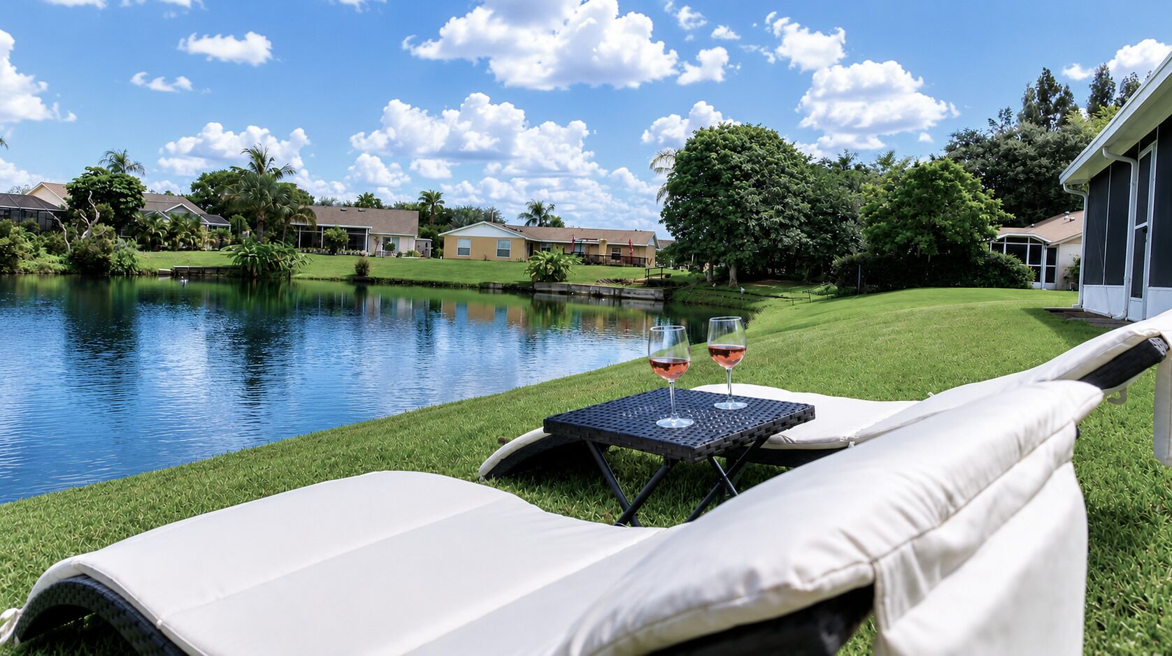 Un espace aménagé au bord de la piscine, avec des chaises longues, une table avec des verres et une vue sur les maisons et les arbres.