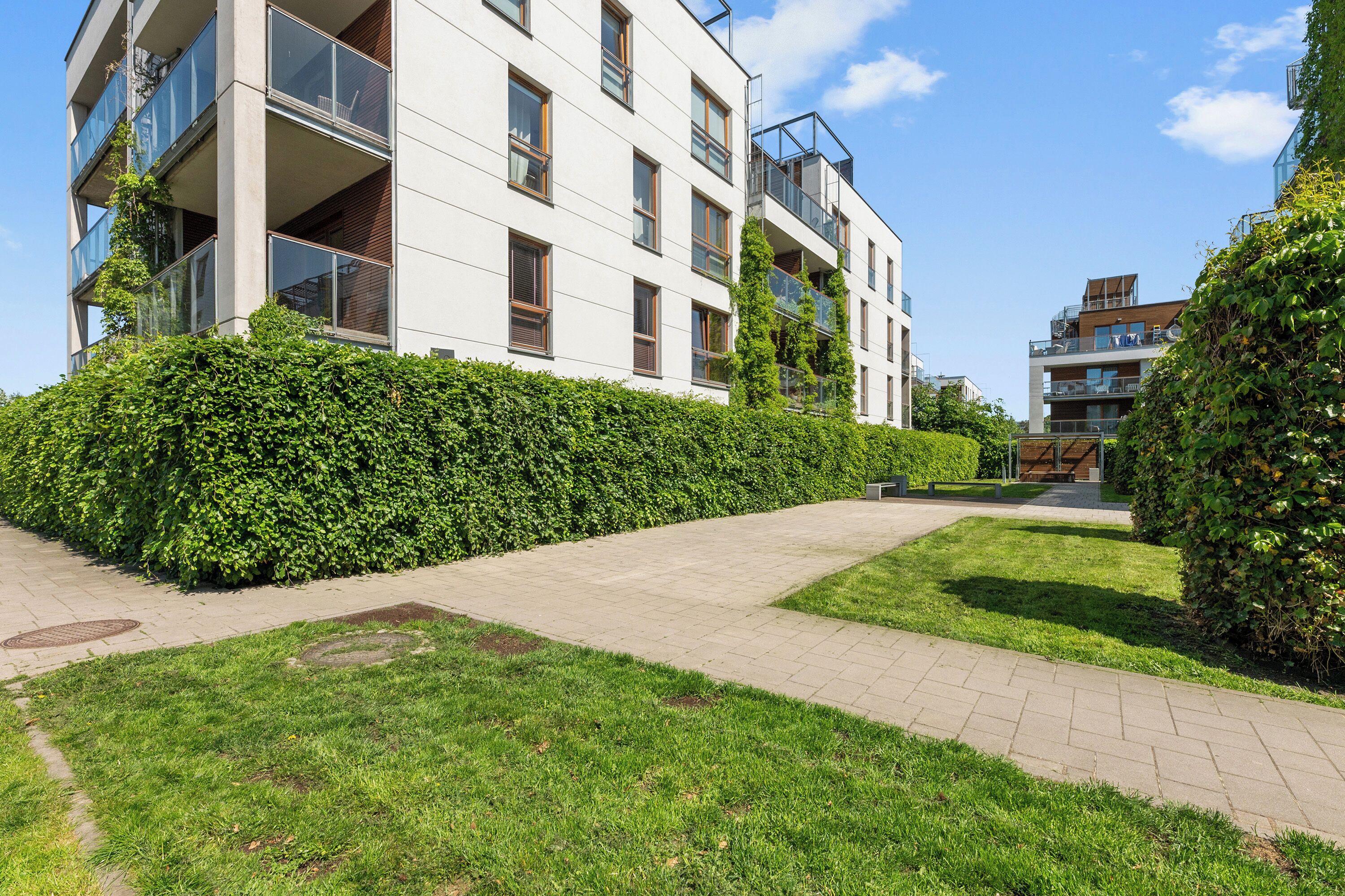 A modern apartment building with a paved walkway, green hedges, and a clear sky.