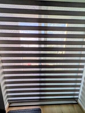 A room with a window covered by horizontal blinds, a wooden floor, and a black doormat.