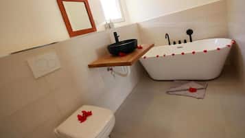 Hair dryer, towels, soap, toilet paper
