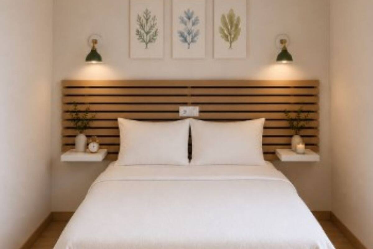 A bedroom with a bed, a ceiling fan, wall-mounted shelves with decorative items, and framed botanical prints.