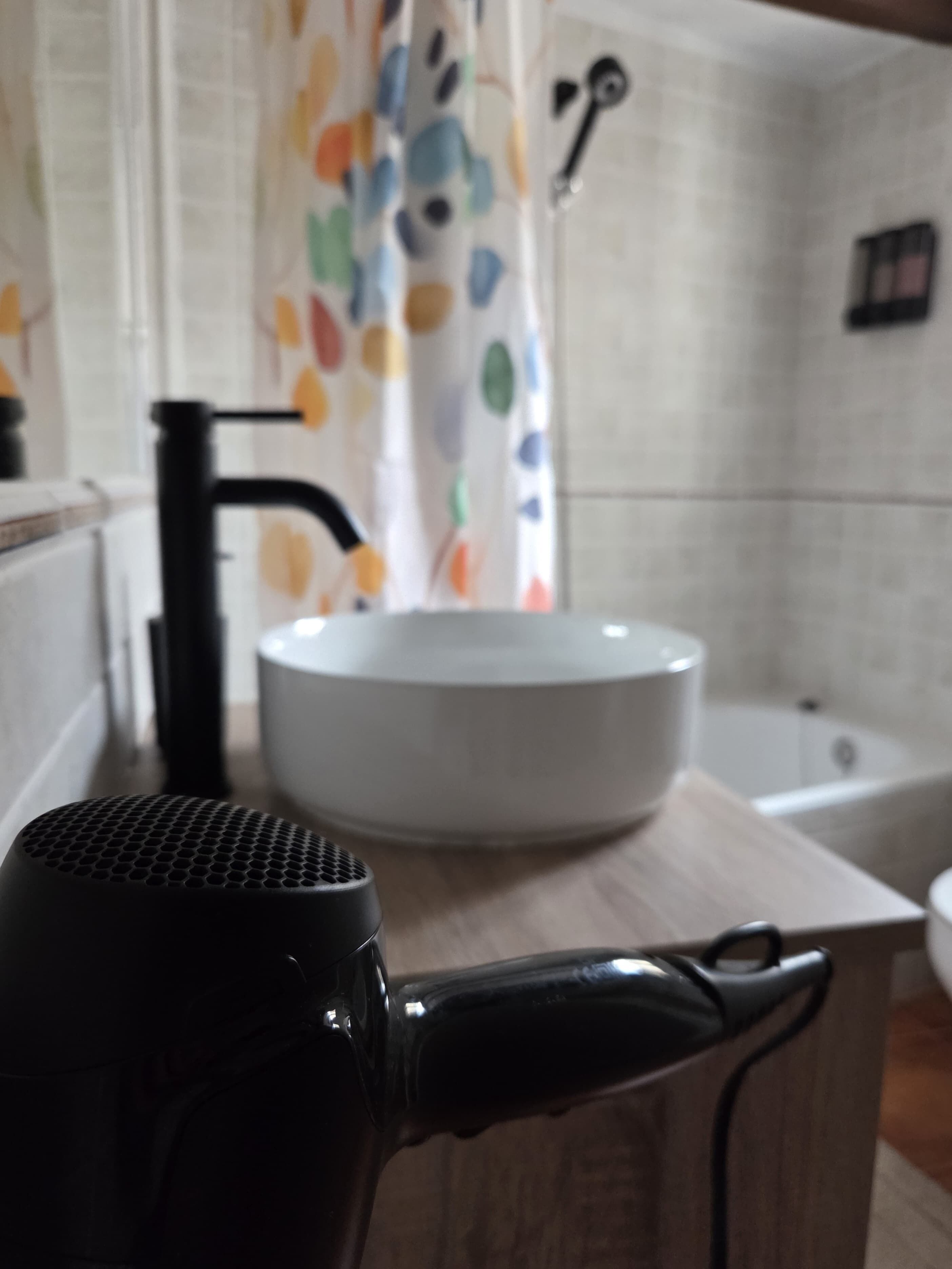 Secadora de cabello, bidet, toallas, jabón 