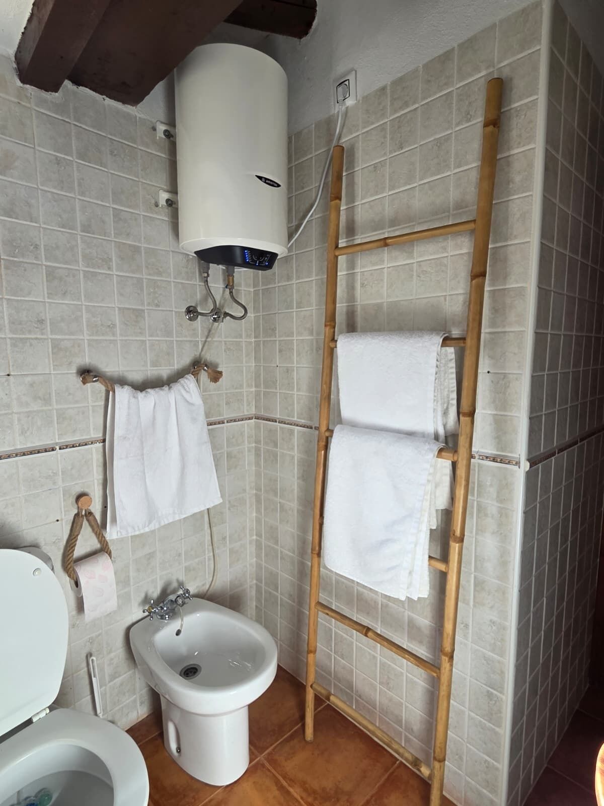 A bathroom with a toilet, bidet, sink, towel rack, and a wooden ladder.