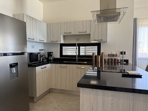 A modern kitchen with a stainless steel refrigerator, a black countertop, and light wood cabinetry. - Oceanview Condo in Palos Prietos | Pool + 1 Block to Beach (Mazatlán)