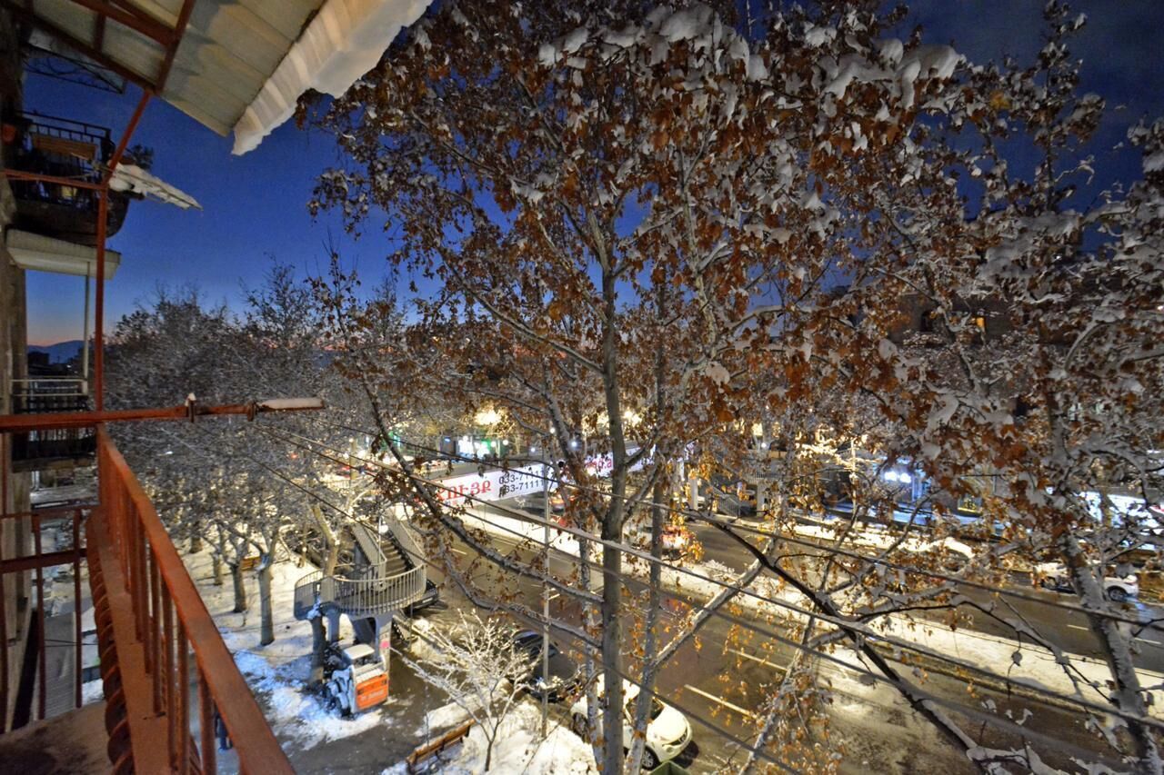 A view of a snowy street at night with buildings and trees in the background.