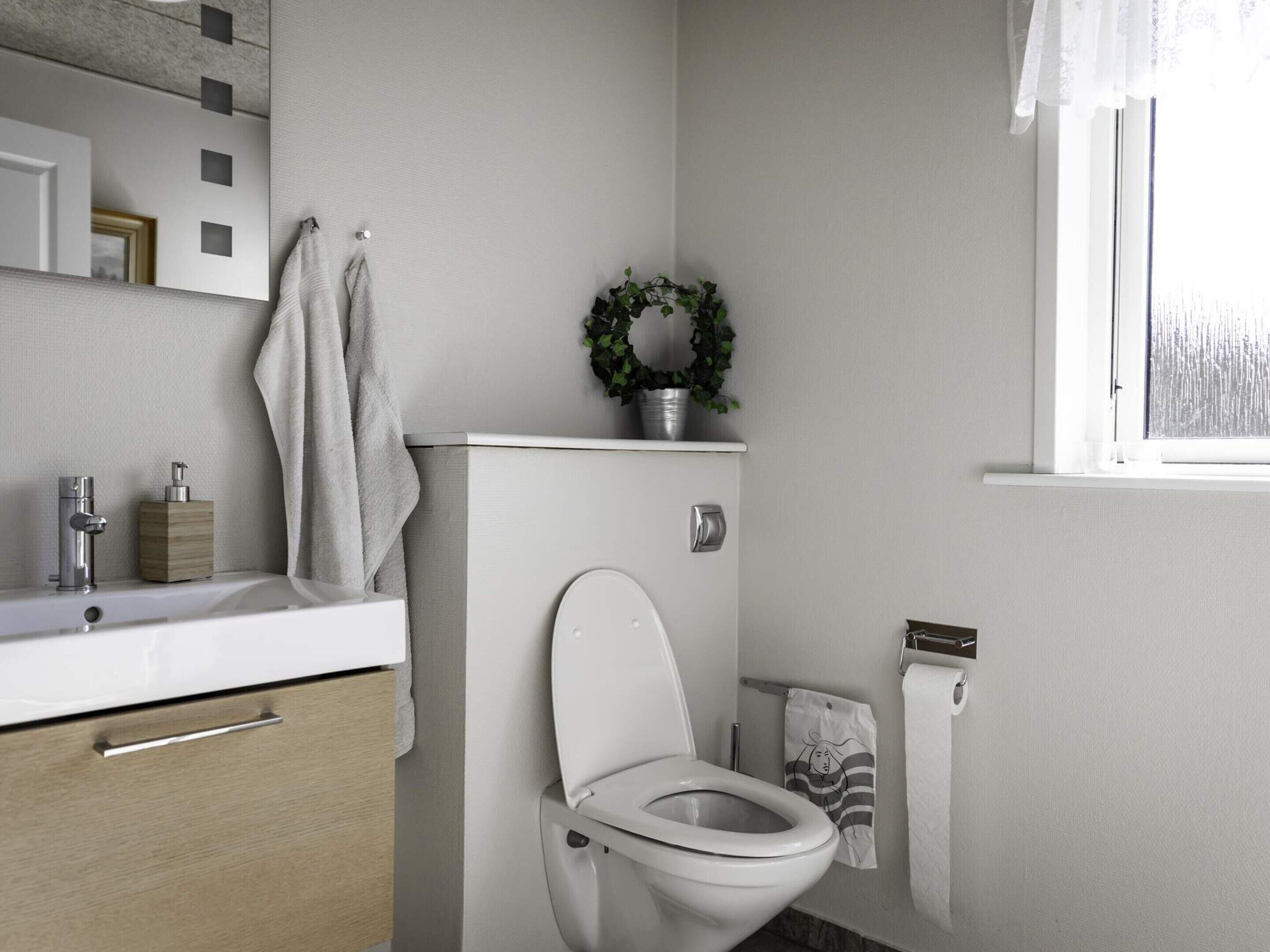 Une salle de bain moderne équipée de toilettes, d’un lavabo et d’un meuble de rangement.