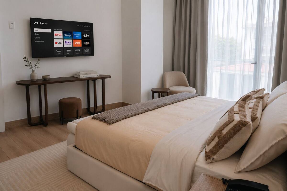 A modern hotel room with a bed, a desk, a chair, and a TV displaying streaming services.