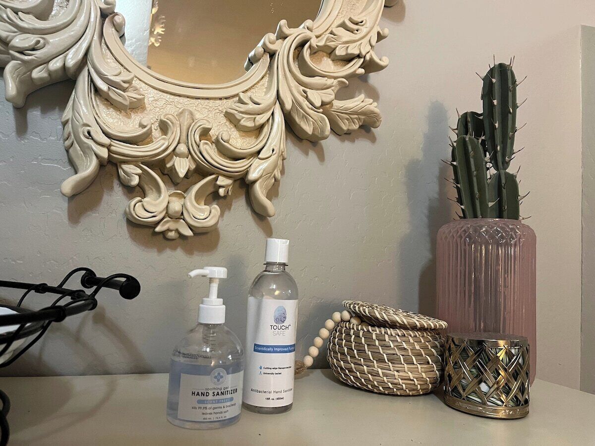Hair dryer, towels, soap, toilet paper