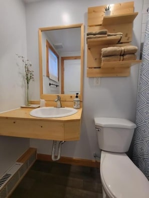 A bathroom with a wooden vanity, a white sink, a toilet, and a mirror.