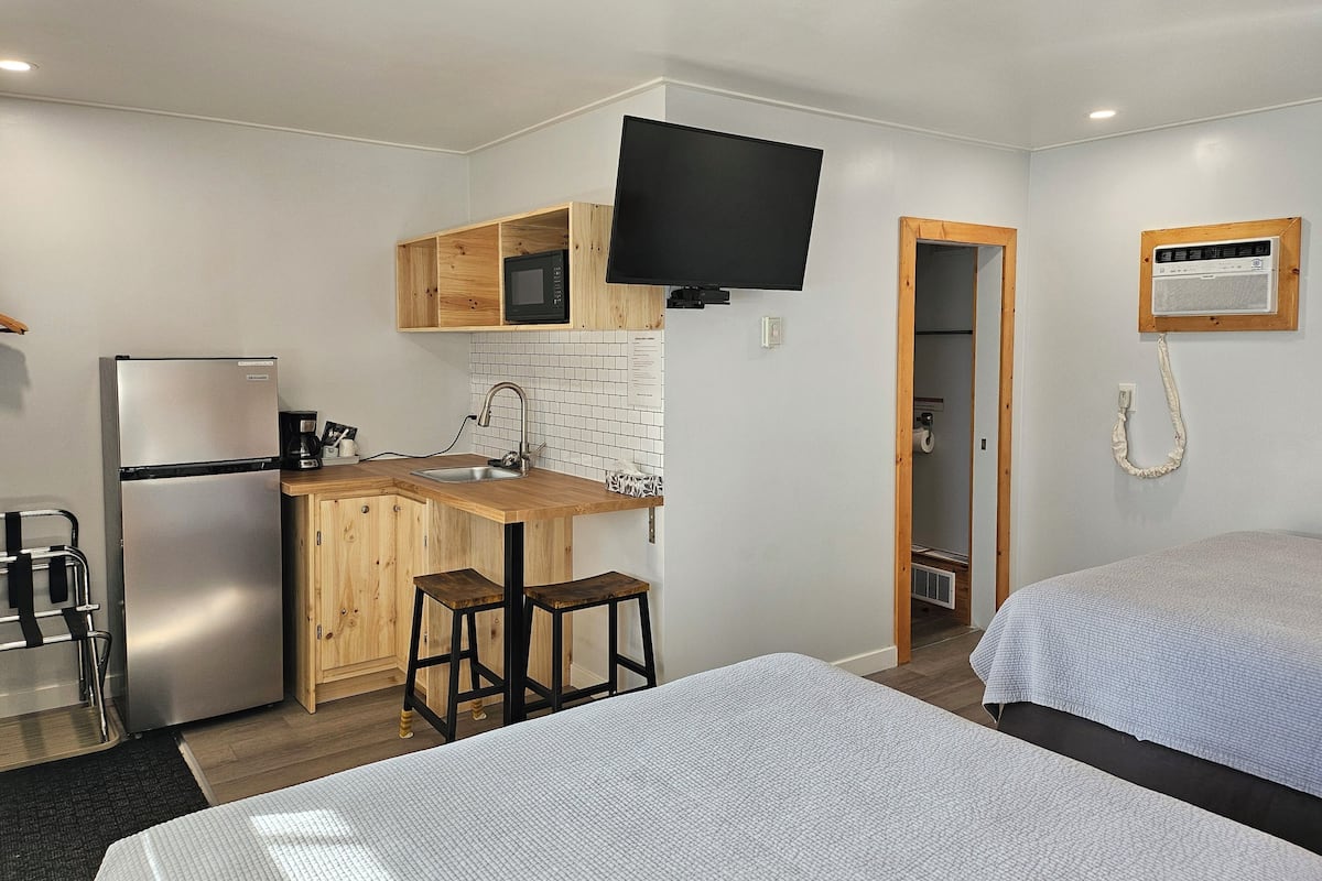 Quarto de hotel compacto com cozinha compacta, cama, televisão e banheiro.