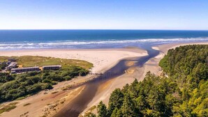A coastal landscape with a beach, forested area, and buildings.