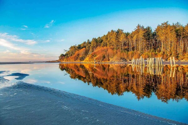 A calm lake with a forested shoreline and a clear reflection.