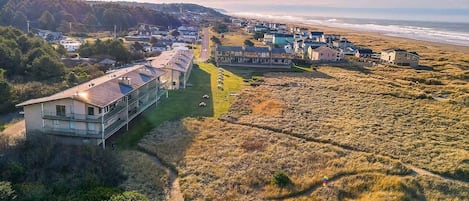 Vista aerea di una zona residenziale costiera con case, una strada e una spiaggia.