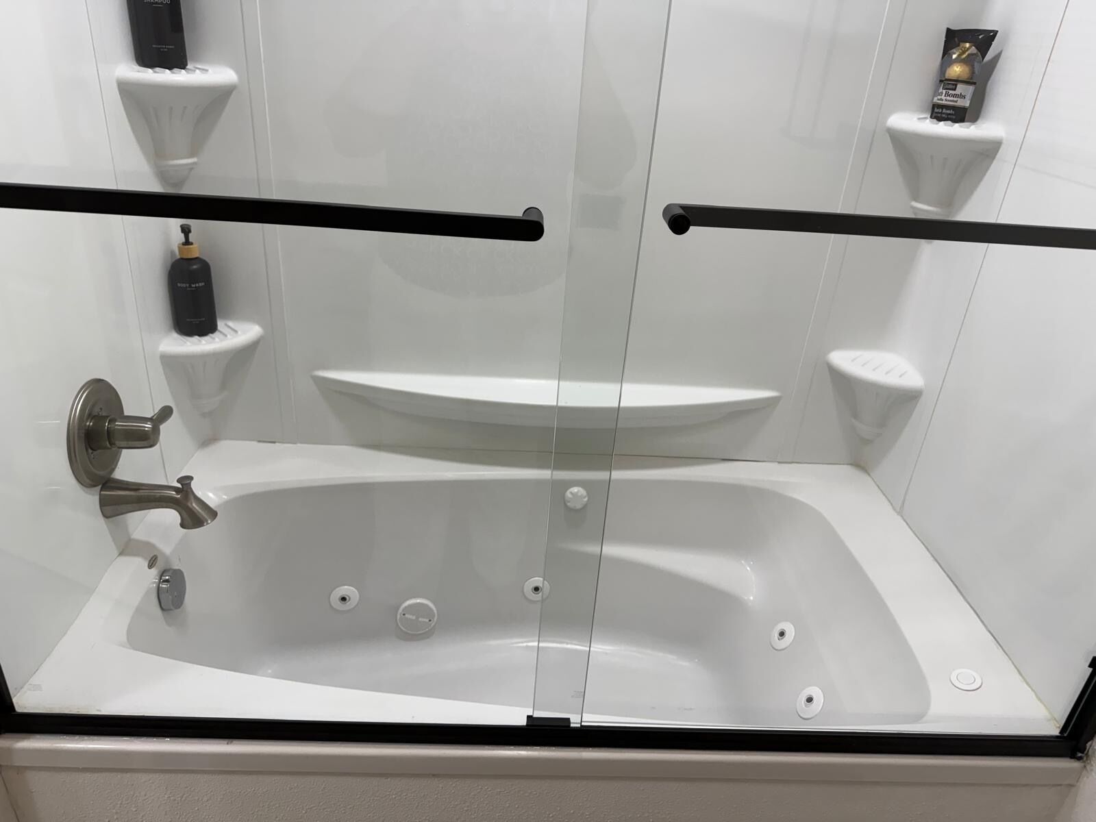 Jetted tub, hair dryer, towels, soap