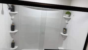Jetted bath, hair dryer, towels, soap