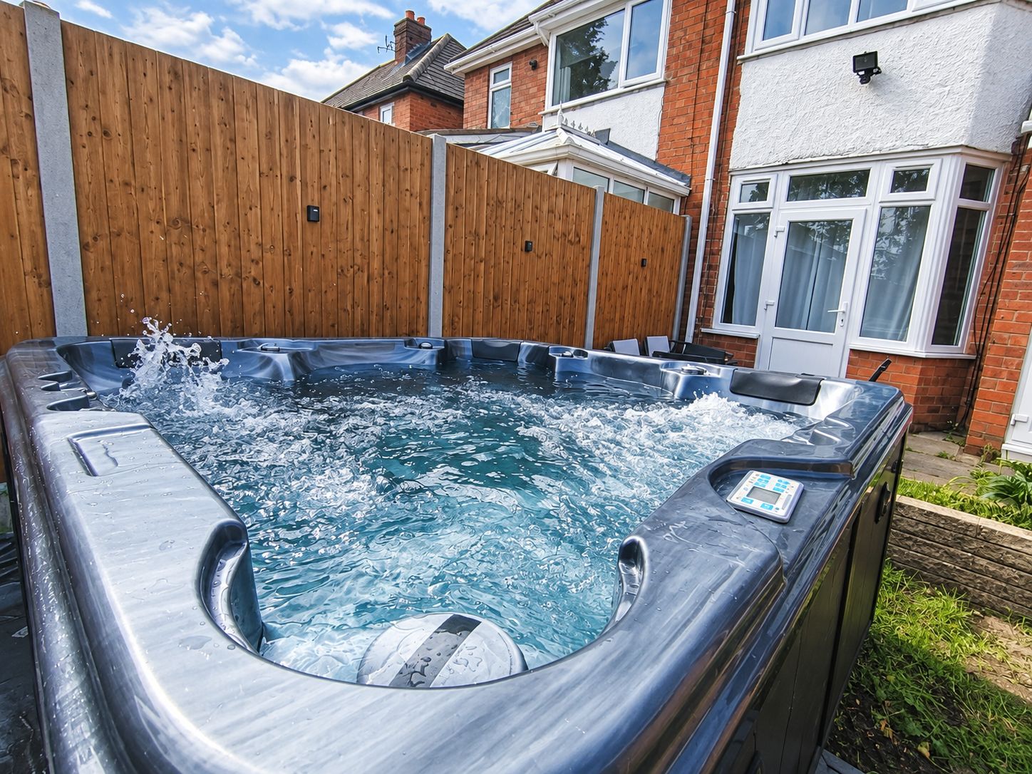 A hot tub in a backyard with a wooden fence and a house in the background.