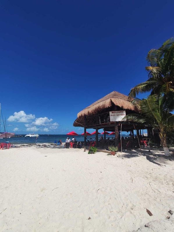 Una cabaña frente a la playa con un letrero, palmeras y un cielo azul despejado.