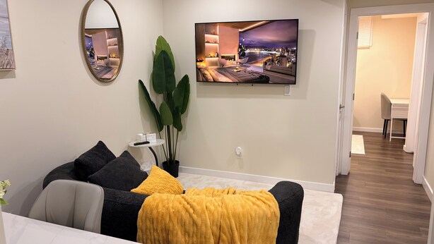 A modern living room with a sofa, a large mirror, a television, and a potted plant. - The Dolak Comfort Homes - beautiful, cozy,new, close the airport, grocery stores (Calgary)