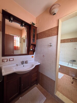 A bathroom with a sink, mirror, cabinet, and shower. - Sea view terrace (Siracusa)
