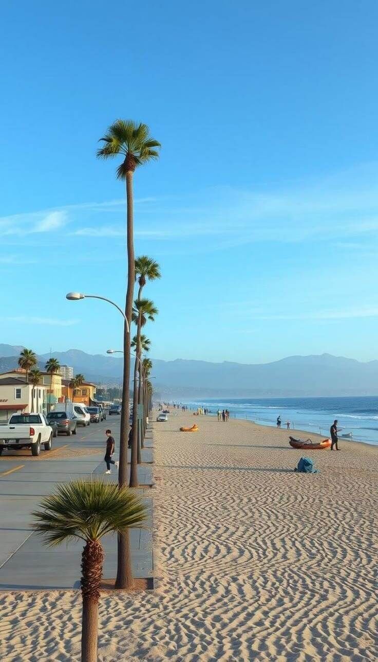 Eine Uferpromenade mit Palmen, einem Sandstrand und freiem Blick auf den Ozean.