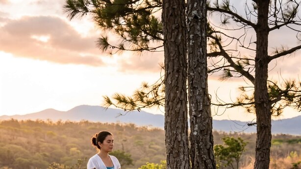 A person meditating outdoors on a wooden deck with trees and a mountainous backdrop. - Garden Casita | Private Bath | Carrizal (La Cruz)