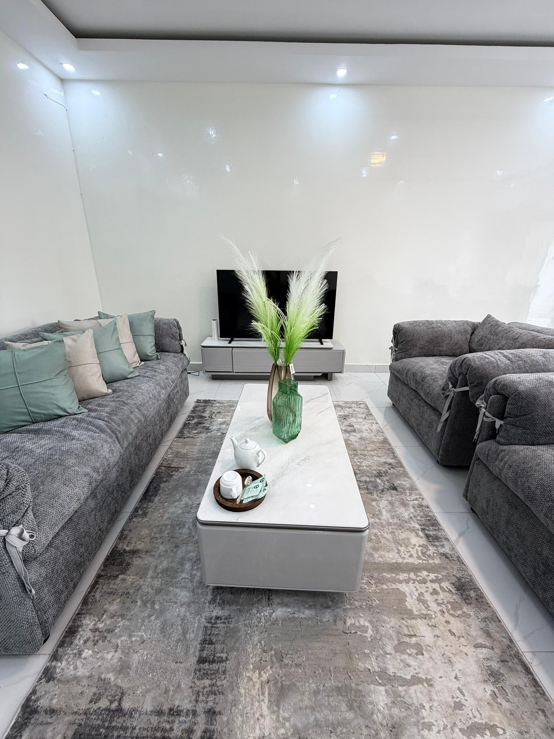 A modern living room with a sofa set, a coffee table, and a flat-screen TV.