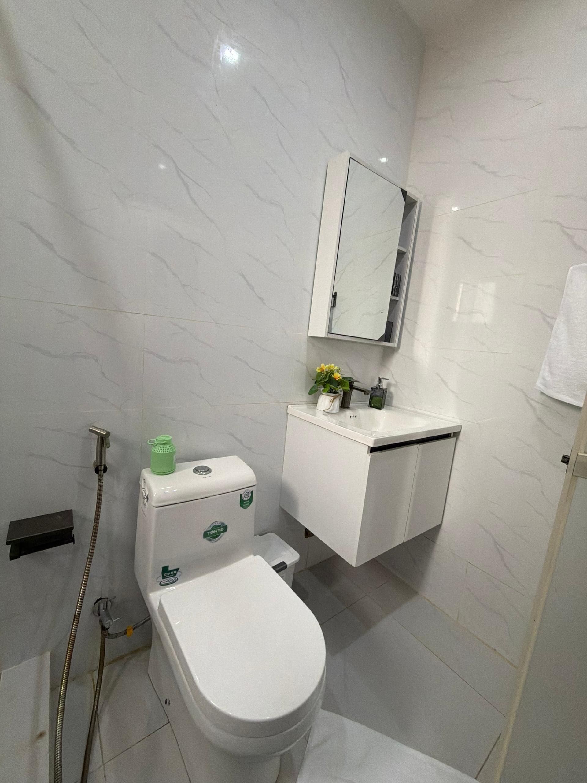 Un baño con inodoro, lavabo, espejo y ducha.