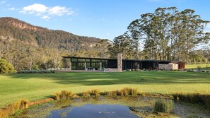 A modern house with a large glass facade, a stone exterior, and a well-maintained lawn with a pond. - Mountain Springs - Kangaroo valley (Barrengarry)