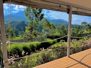 A wooden deck with a rope barrier overlooking a lush landscape with trees and distant mountains.