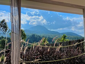 Vista a través de una ventana con una barrera de cuerda, una montaña y abundante vegetación.