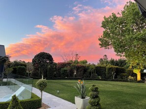 A landscaped garden with a glass railing, a grassy lawn, and a variety of trees and shrubs.