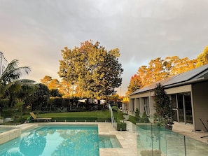 Une piscine Ă dĂ©bordement avec des parois en verre, entourĂ©e dâun jardin oĂč poussent diffĂ©rentes espĂšces de plantes et un grand arbre aux feuilles dâautomne.