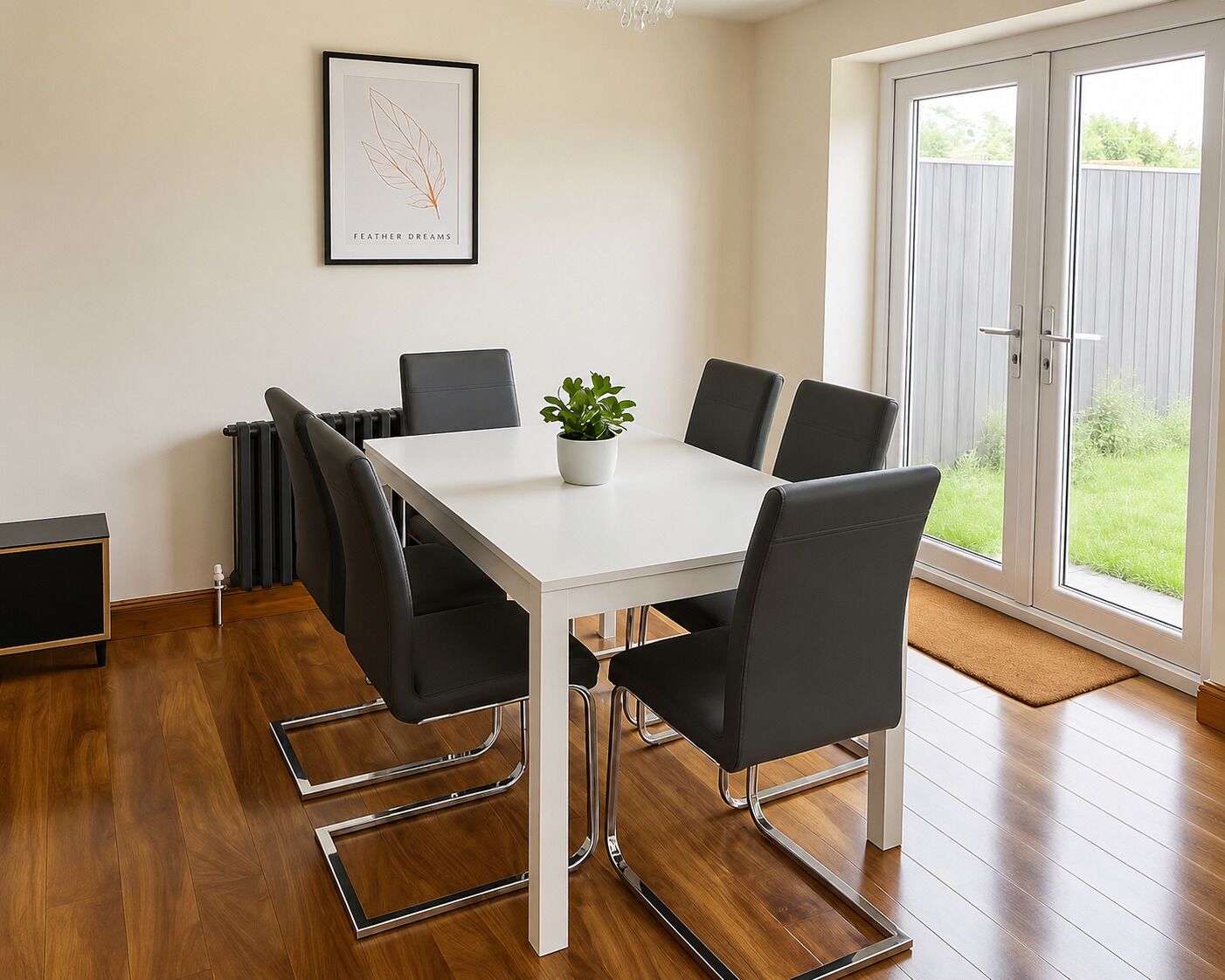 A modern dining area with a white table, black chairs, a potted plant, and a framed artwork on the wall.