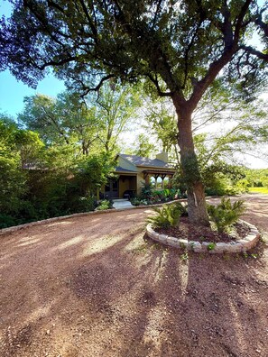 Una casa con un árbol grande en el jardín delantero, rodeada de un borde de piedra.