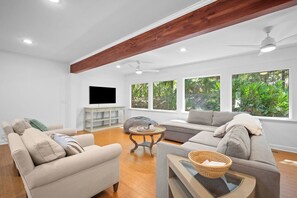 Ein Wohnzimmer mit einer Couch, einem Couchtisch, einem Fernseher und großen Fenstern mit Blick auf Grünflächen.