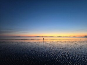 A beach with a person standing in the water, a calm sea, and a mountain in the distance. - Delightful 4-bedroom cabin in Kenai perfect for your getaway (Kenai)