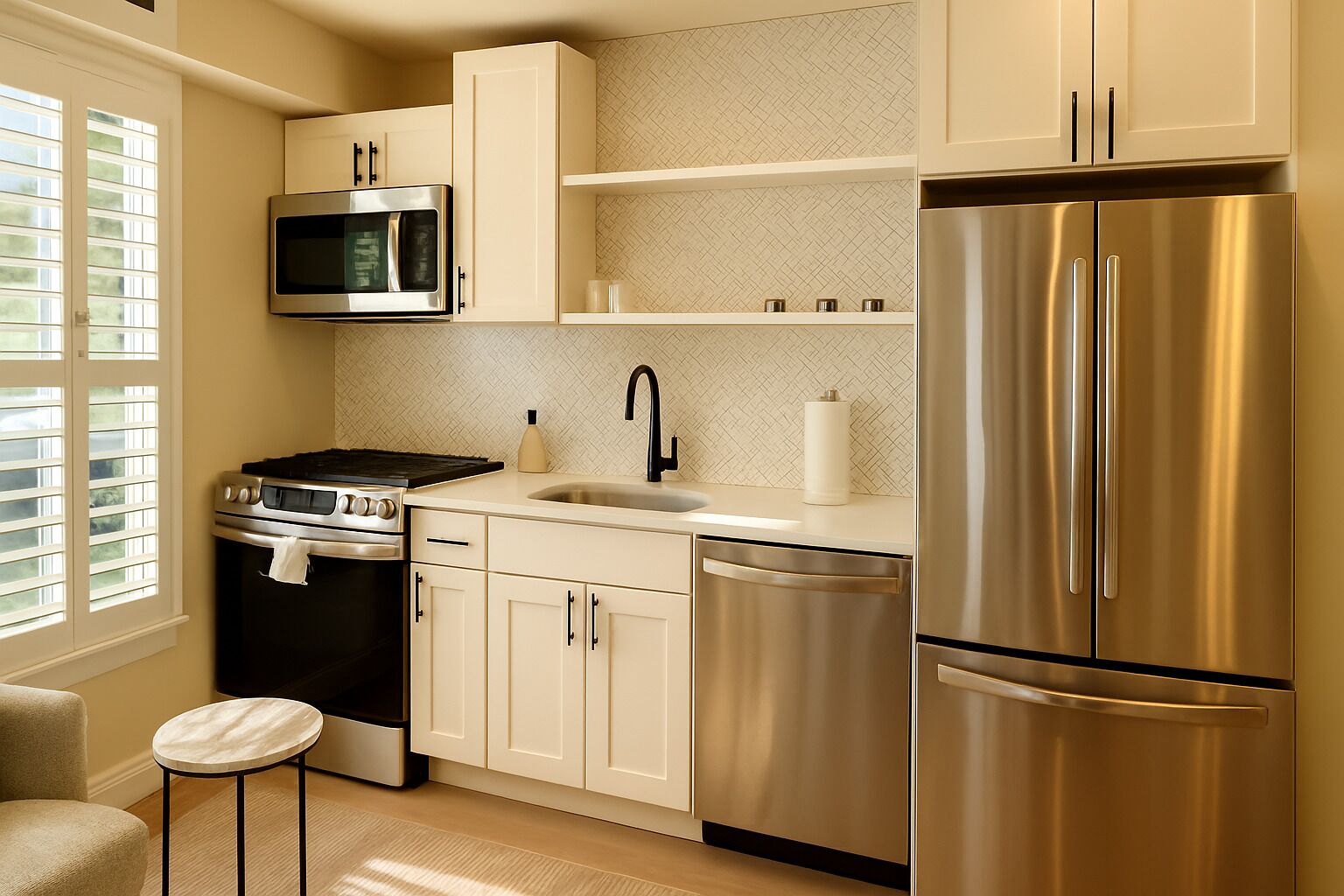 Coffee/tea maker, fridge, microwave, oven