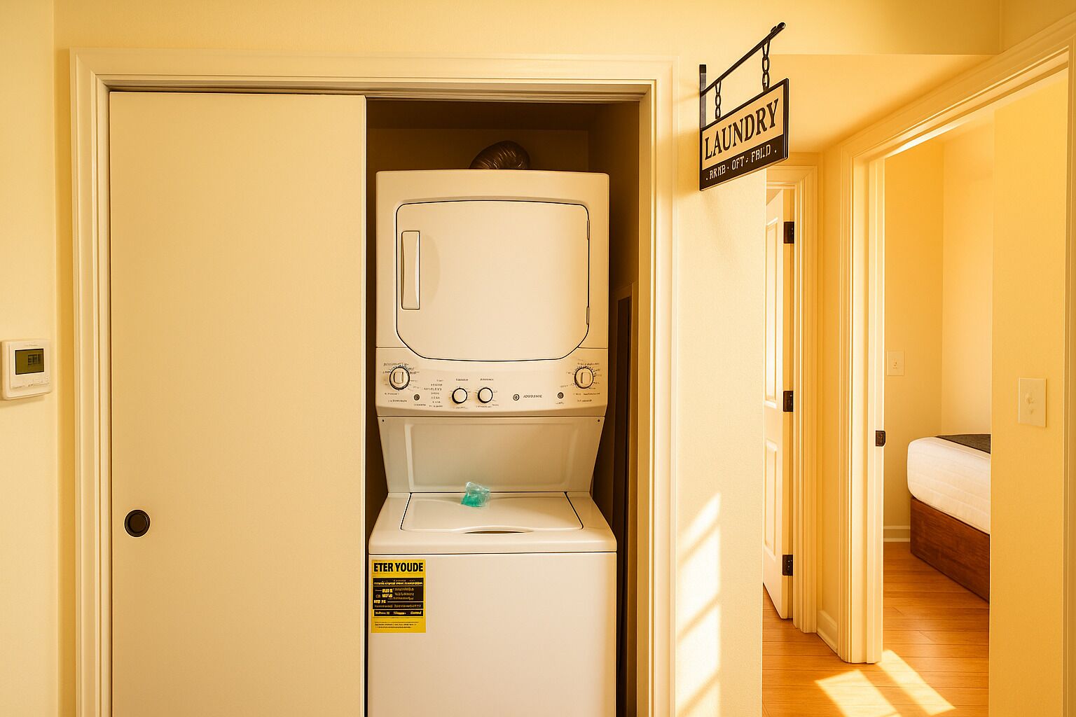 A laundry room with a front-loading washer and dryer, a sign above the dryer, and a bed visible in the adjacent room.