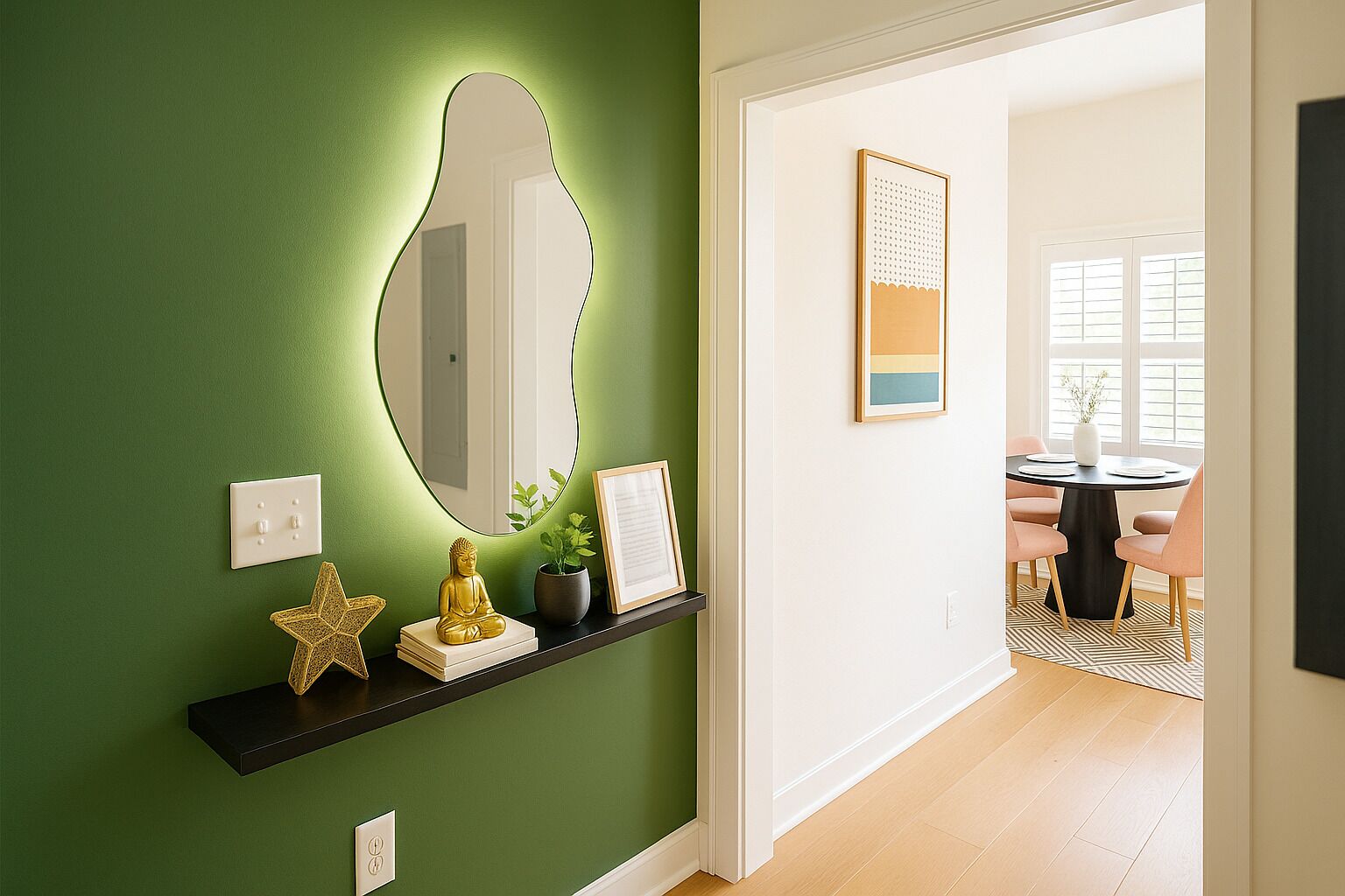 A hallway with a green wall, a round mirror, a shelf with decorative items, and a dining area with a round table and chairs.
