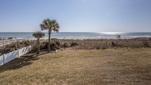 A beach view with a palm tree, a wooden deck, and a lifeguard tower. - Cozy 1BR oceanfront condo in Carolina Beach 0201 (Carolina Beach)