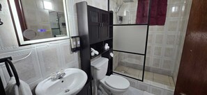 Dusche, Haartrockner, Handtücher, Seife