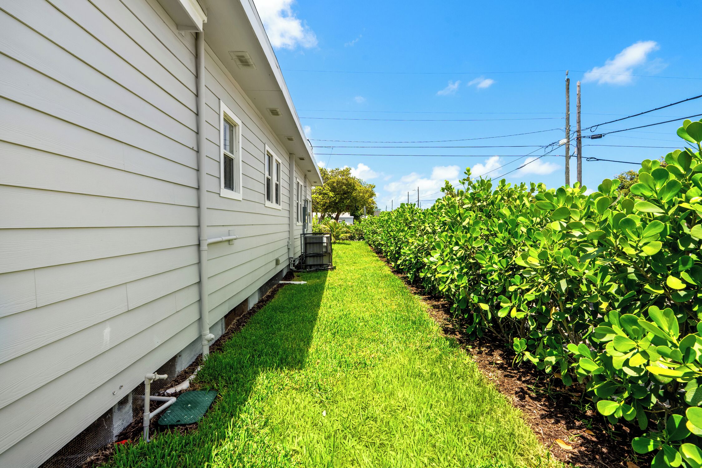 Une maison blanche avec un petit jardin devant, une pelouse verte et une rangée d’arbustes.