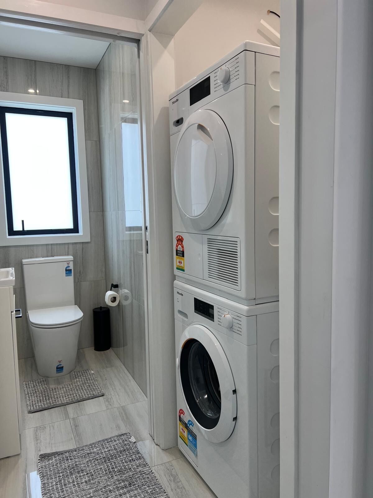 Hair dryer, towels, toilet paper