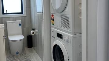 Hair dryer, towels, toilet paper