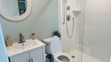Shower, hair dryer, towels, soap