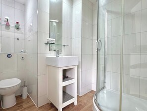 Et moderne badeværelse med en brusekabine i glas, en hvid vask med spejl og et toilet.